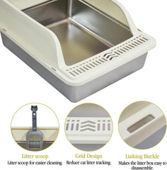 Semi-enclosed stainless steel cat litter box with a Litter scoop, Grid design, and High wall side cover, Durable litter box for Indoor cats, Detachable design for easy cleaning, 50 cm