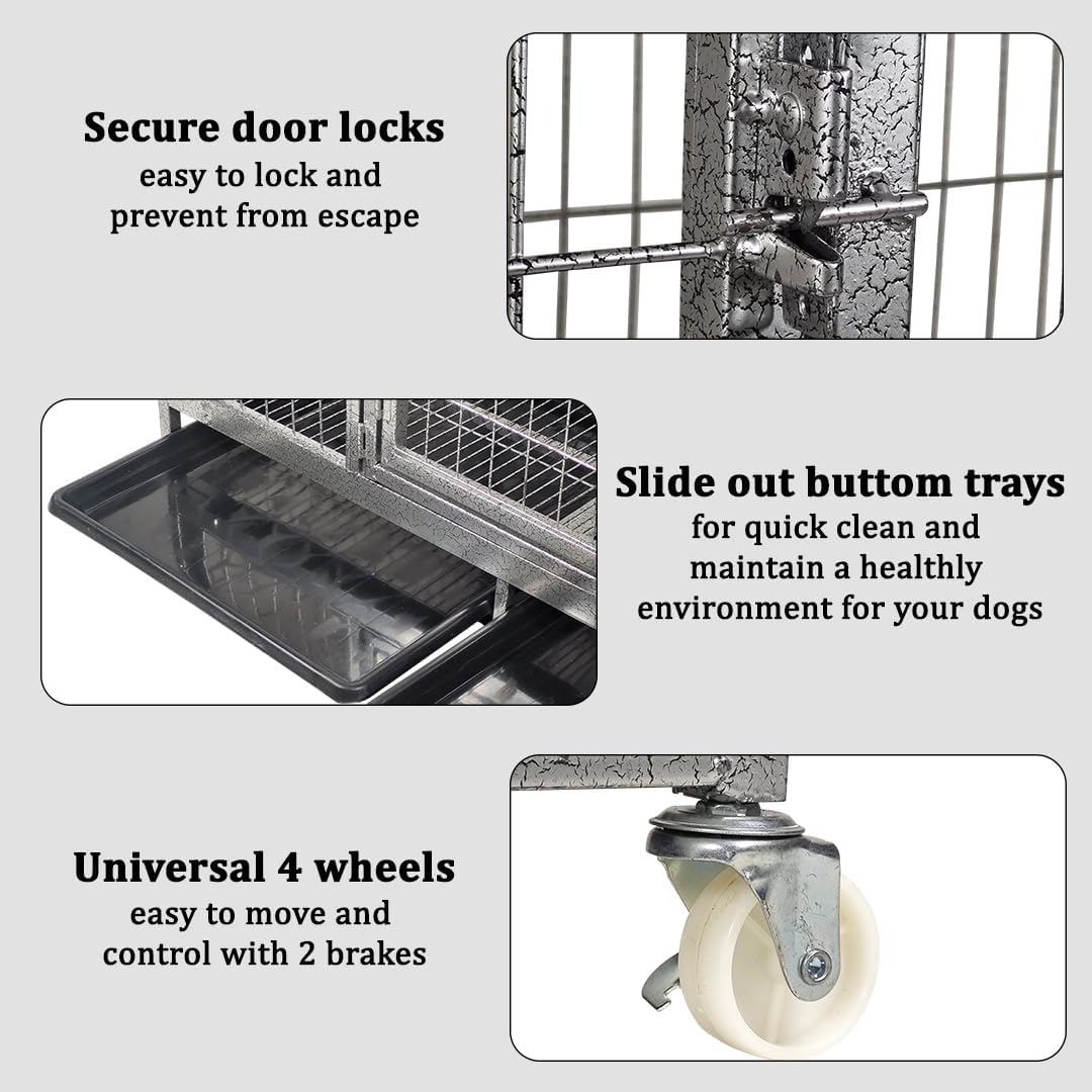 Large dog cage with Open-top design, Lockable door, Removable tray, and Universal wheels, Heavy-duty metal dog cage for medium to large breeds, Suitable for indoor & outdoor use 125 cm (Silver)
