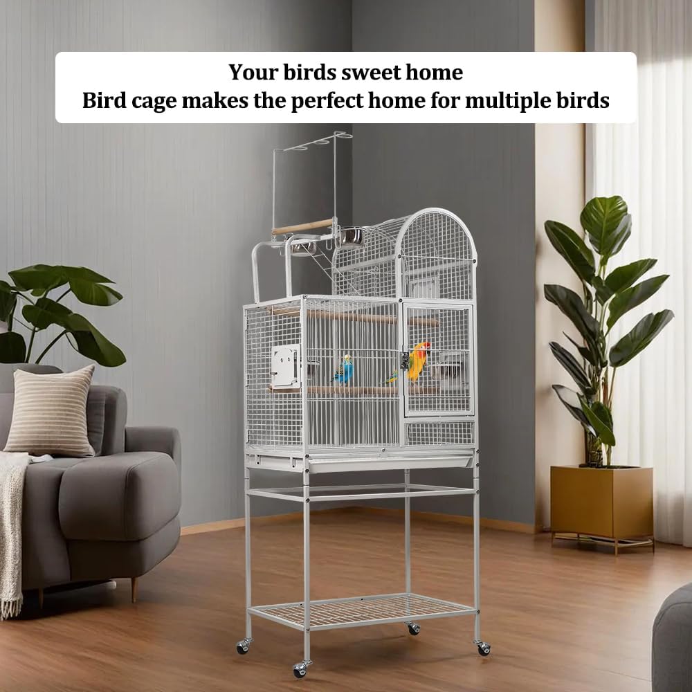 Bird Cage - Wrought Iron Stainless Steel with Storage Shelves White Lovebirds Cage and 4 Feeding Bowls - 160 cm | Toy Hooks above the Top Bird Perch | Perch for Birds | Food Container