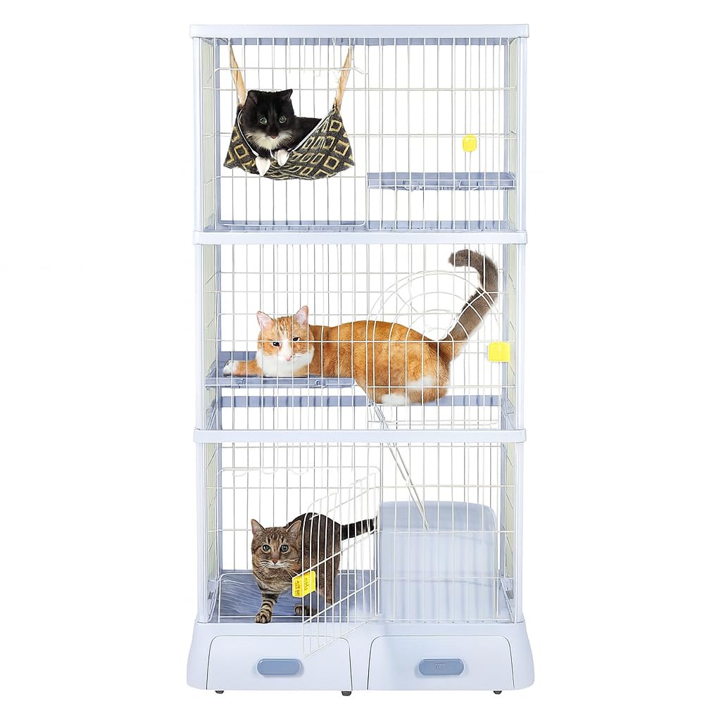 NNC PETS Large Cat Cage for Indoor & Outdoor Use, 3-Tier Metal Wire Cage with 2 Lockable Doors, Climbing Ladder, Litter Box Area & Wheels, Ideal Multi-Cat Households, Easy Assembly 184 cm (Blue)