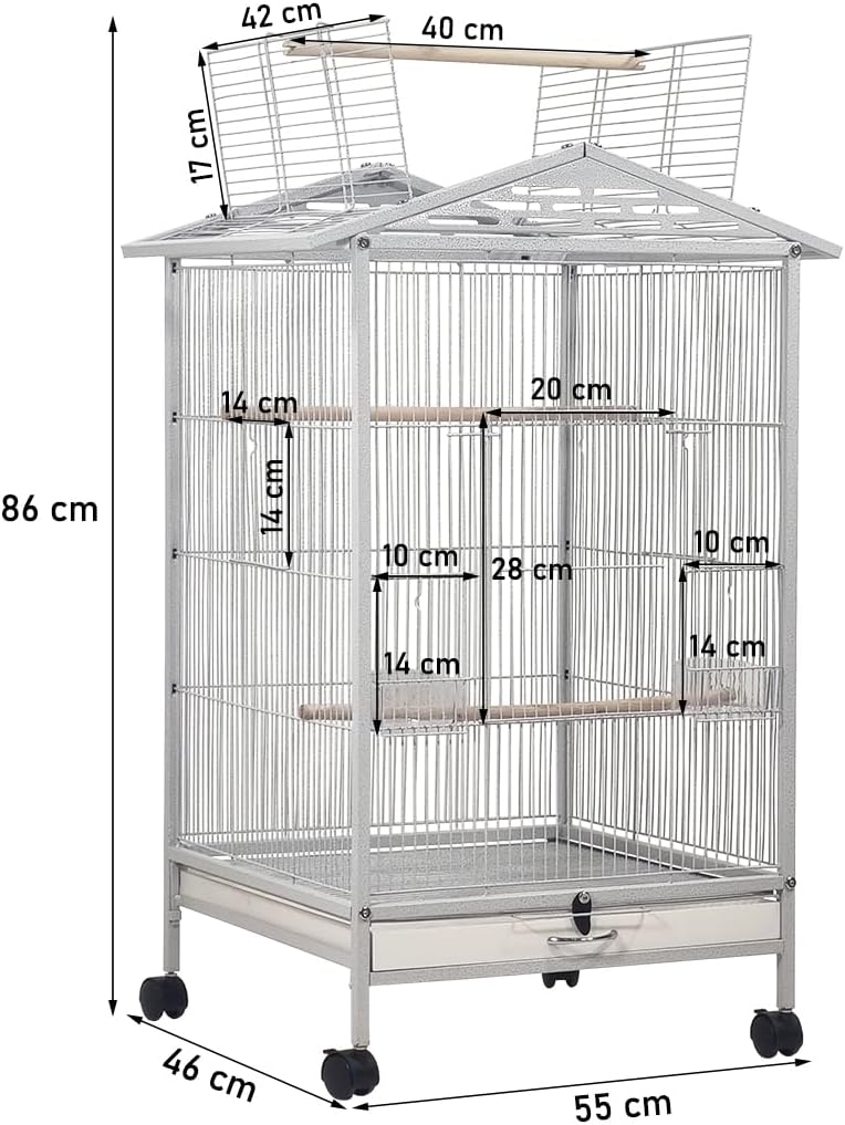 Bird Cage - Bird House & Villa - Parrot Cage for Small to Medium-Sized Birds – 87 cm Durable Metal Birdcage with Wooden Standing Perch, Feeding Cups, Slide-Out Tray, and Universal Wheels