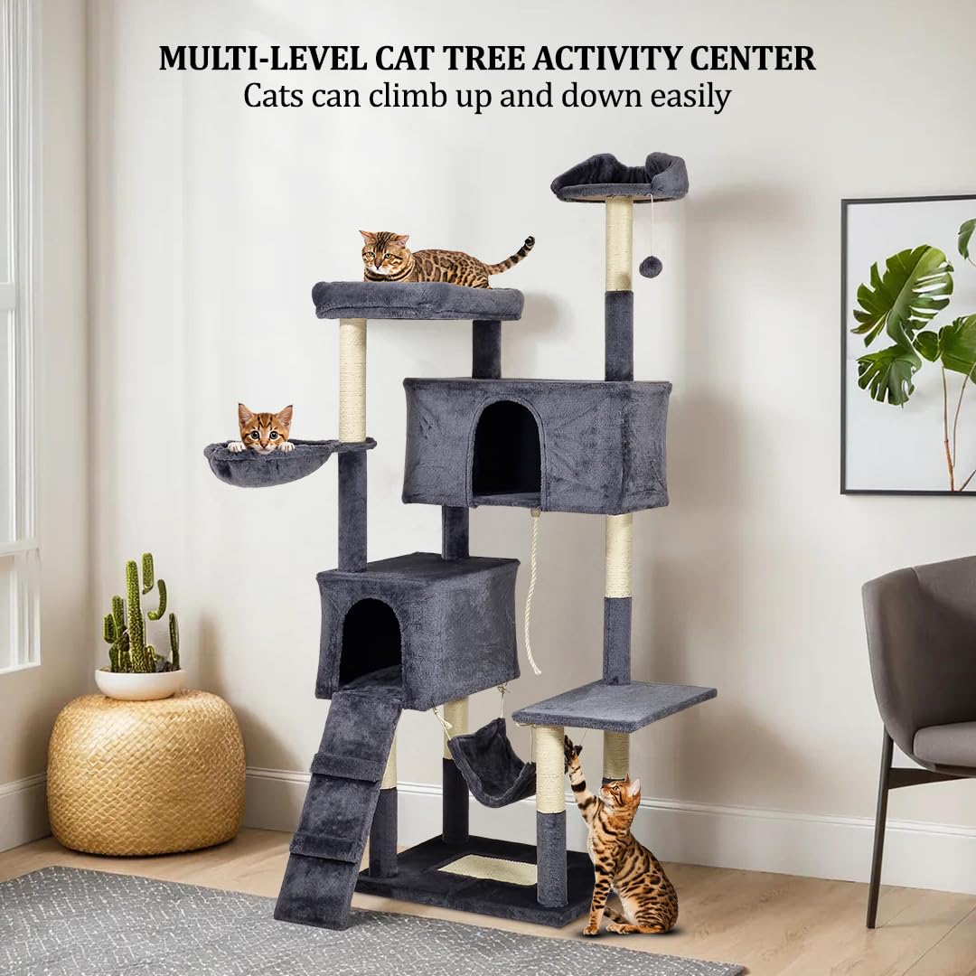 Multi-level Cat Tree Indoor Large - 180cm Cat Tower - Cat Scratching Post with Soft Perches - Dangling Ball and Comfortable Cat Condo, Durable Pet House for Indoor Cats (Dark Grey)