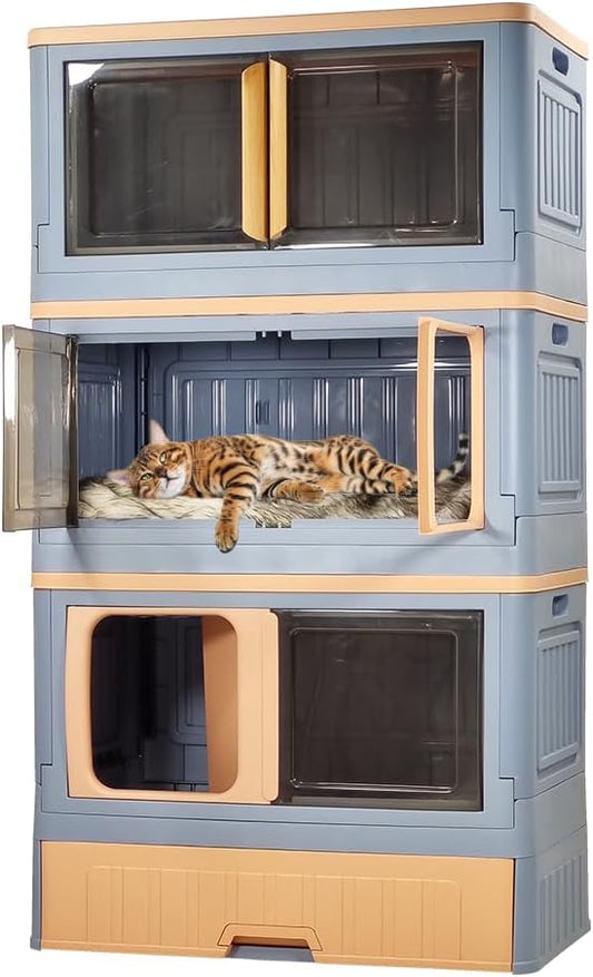 Cat cabinet, Durable 3-layer cat combination litter box with Storage area, Sleeping area, Cat toilet, and Rolling wheels, Durable plastic cat litter box, Ideal for indoor/outdoor use 115 cm