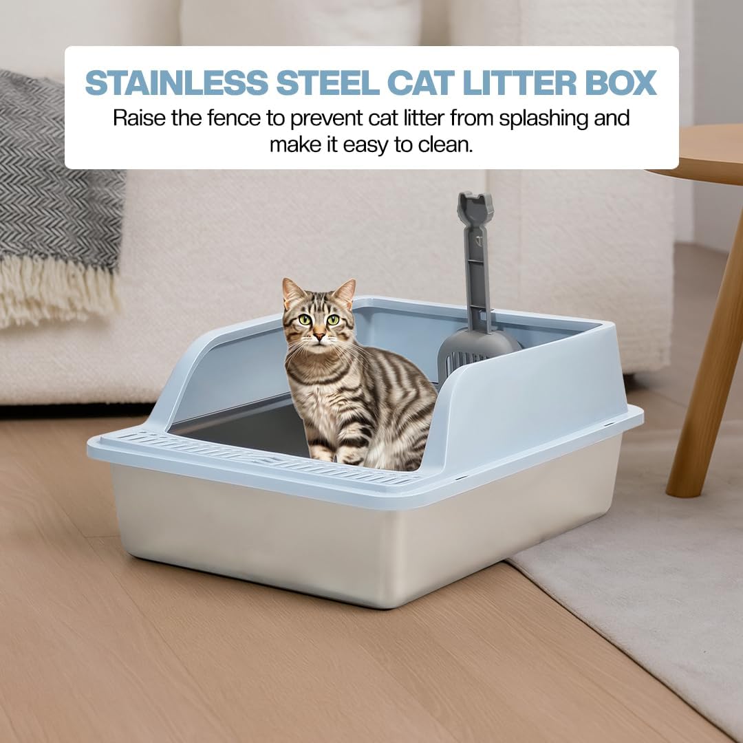 Semi-enclosed stainless steel cat litter box with a Litter scoop, Grid design, and High wall side cover, Durable litter box for Indoor cats, Detachable design for easy cleaning, 50 cm
