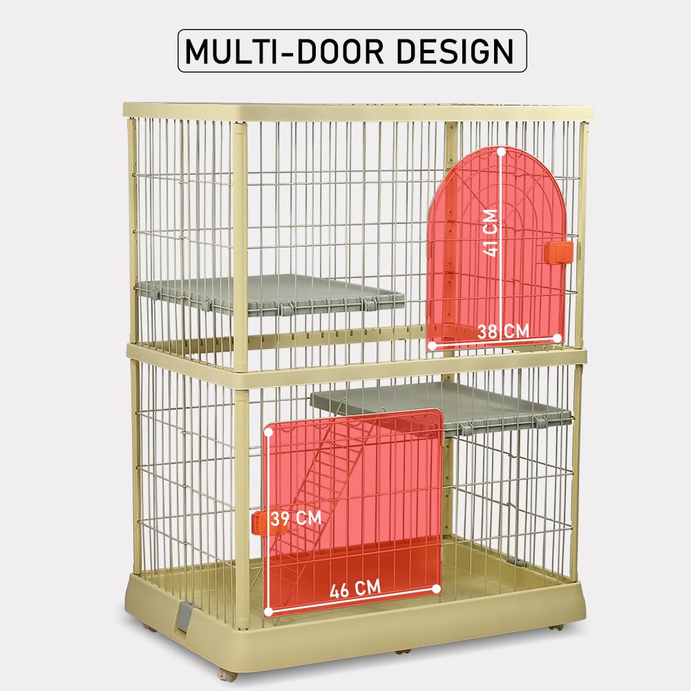Cat cage for indoor & outdoor, Durable 2-tier metal wire cat cage with 2 lockable doors, Wide platforms, Climbing ladder, and Universal wheels, Suitable for Multi-cat household 120 cm (Yellow)