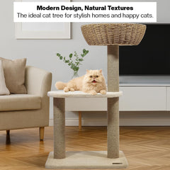2-Tier Cat tree tower with Handwoven seagrass basket perch, Cozy Condo, and Sisal Scratching Posts, Modern Cat Furniture for Indoor Cats & Kittens, Multi-Level Activity Center