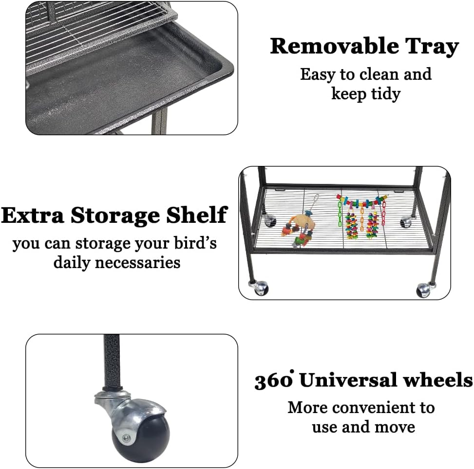 Bird Cage for Small to Medium-Sized Birds - Bird House & Parrot Cage - Detachable Rolling Stand, Wooden Perches, Feeding Cups, Slide-Out Tray, Storage Shelf, and Universal Wheels - 135 cm