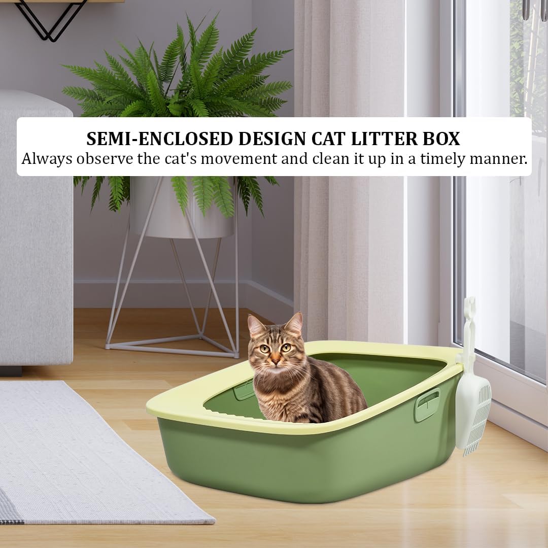 Large semi-enclosed cat litter box for indoor cats & kittens, Durable plastic cat toilet with Portable design, Sand drop pedal, and Litter scoop, Leak-proof design, Easy to clean 59 cm