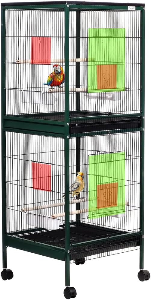 Spacious Dual Bird Cage with Durable and Vertical Design, 143 cm Parrot cage with 4 Wheels, Trays, and Wooden Perches, Partition cage for Indoor-Outdoor use, and Easy to clean (Green)