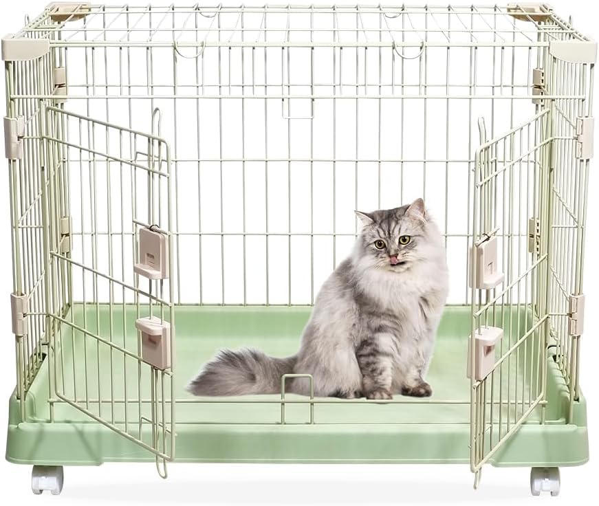 Cat Cage with Universal Wheels, Wide Main Door, Durable and Sturdy Metal Wire, 71 cm Dog Cage with Secure Lock, Easy to Assemble, Indoor-Outdoor Cat Kennel, Ideal for Small to Medium Pets, Green