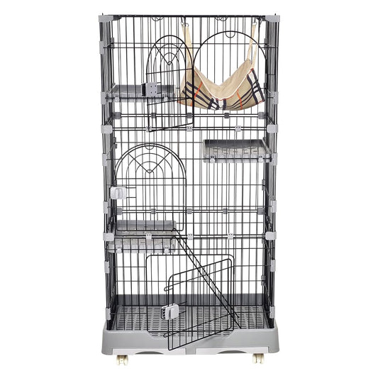 3-Tier cat cage for cats & kittens, Large cat playpen with 3 Lockable doors, Cozy hammock, Climbing ladder, Slide-out tray, and Universal wheels, Ideal for indoor/outdoor use, 145 cm (Grey)