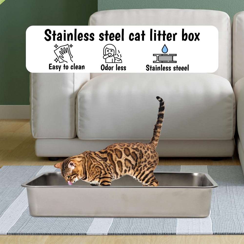 Stainless steel cat litter box with Carrying handle, Smooth edges, and Litter scoop, Rust & Stain resistant cat toilet for Large cats, Ideal for indoor/outdoor use, Easy to clean