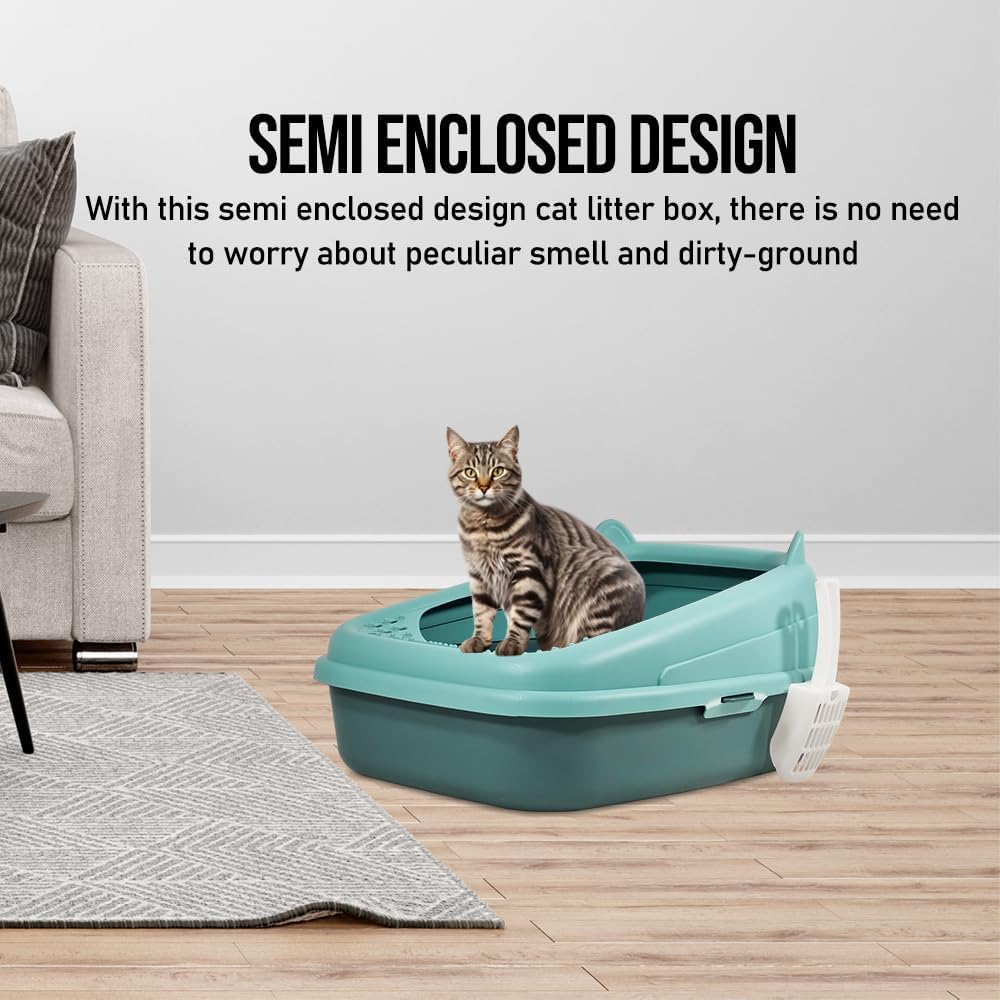 Semi-enclosed cat litter box with Splash-proof design, Sand filter holes, Litter scoop, and Detachable design, Leak-proof & Splash-proof cat toilet for indoor cats, Easy to clean 58 cm