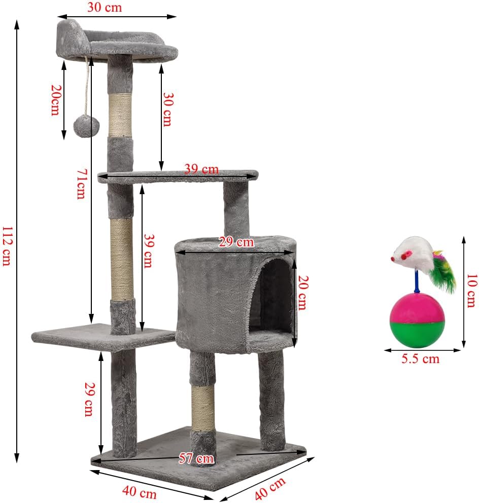 Cat tree activity center for Indoor cats, Multi-level cat tree with Mouse tumbler toy, Top perch, Dangling ball, Sisal scratching post, and Cozy cat condo, Easy to assemble 112 cm (Grey)