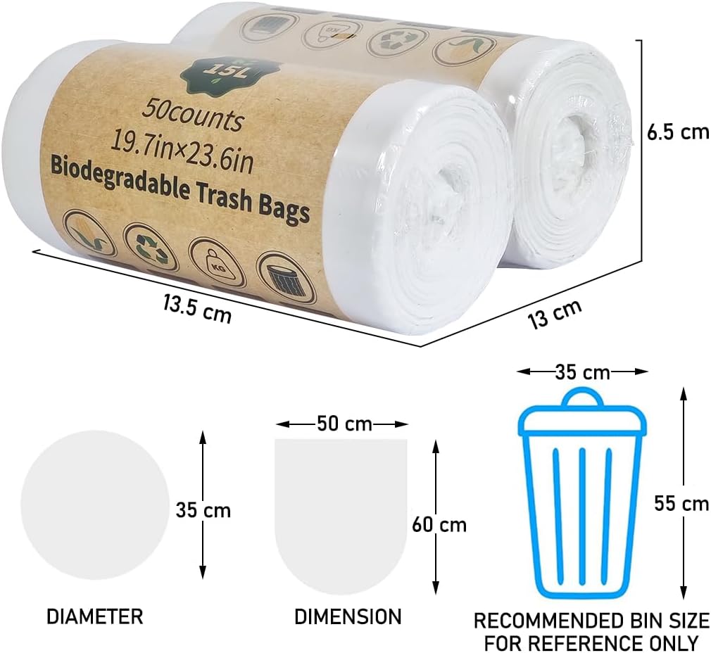 2Pcs Biodegradable trash bags with 15L large capacity and Leak-proof, Multipurpose disposable waste bag for Living room, Office, Bathroom, and Kitchen use, Eco-friendly trash bags (50 Count)