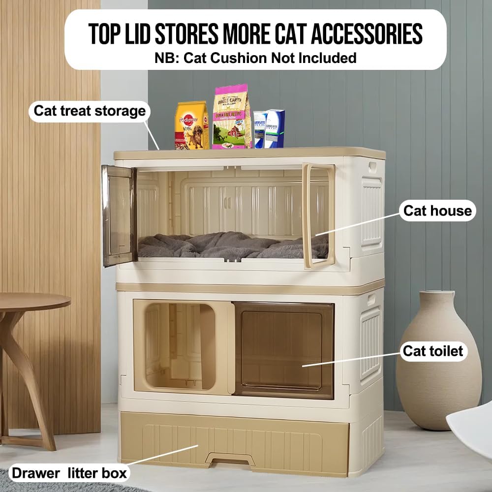 Cat cabinet, Durable 3-layer cat combination litter box with Storage area, Sleeping area, Cat toilet, and Rolling wheels, Durable plastic cat litter box, Ideal for indoor/outdoor use 115 cm
