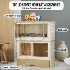 Cat cabinet, Durable 3-layer cat combination litter box with Storage area, Sleeping area, Cat toilet, and Rolling wheels, Durable plastic cat litter box, Ideal for indoor/outdoor use 115 cm