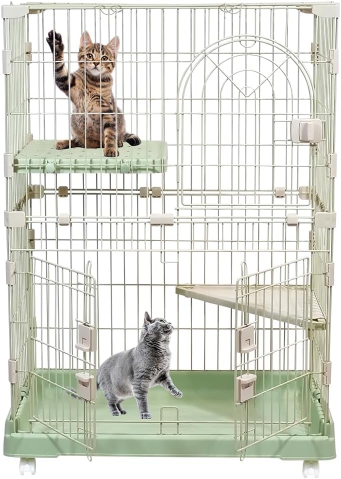 Cat Cage with Rolling Casters, Elevated Lounging Platforms, Secure Locking Doors, and Leak-Proof Base, Heavy-Duty Metal Cat Enclosure for Indoor Cats & Kittens, Easy to Assemble, 101 cm, Green