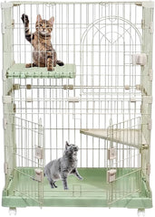 Cat Cage with Rolling Casters, Elevated Lounging Platforms, Secure Locking Doors, and Leak-Proof Base, Heavy-Duty Metal Cat Enclosure for Indoor Cats & Kittens, Easy to Assemble, 101 cm, Green