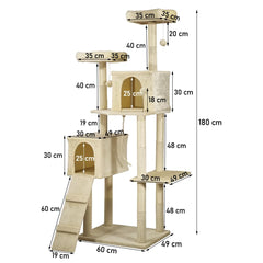 Cat Tree for Big Cats with Top Soft Plush | Paw Shape Perch & Hammock, Multi-level Cat Tower with Cozy Condo | Fun Ladder & Scratching Posts | Indoor Cat Tower House (Beige, 180 cm)