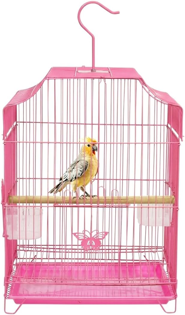 Small Bird Cage with Metal Wire, Ideal for Budgies, Small Parrots, and Parakeets, 45 cm Portable Cage for Indoor-Outdoor, Metal Bird Cage with Hanging, Bottom Tray, Perches, and Feeding Bowls, Pink