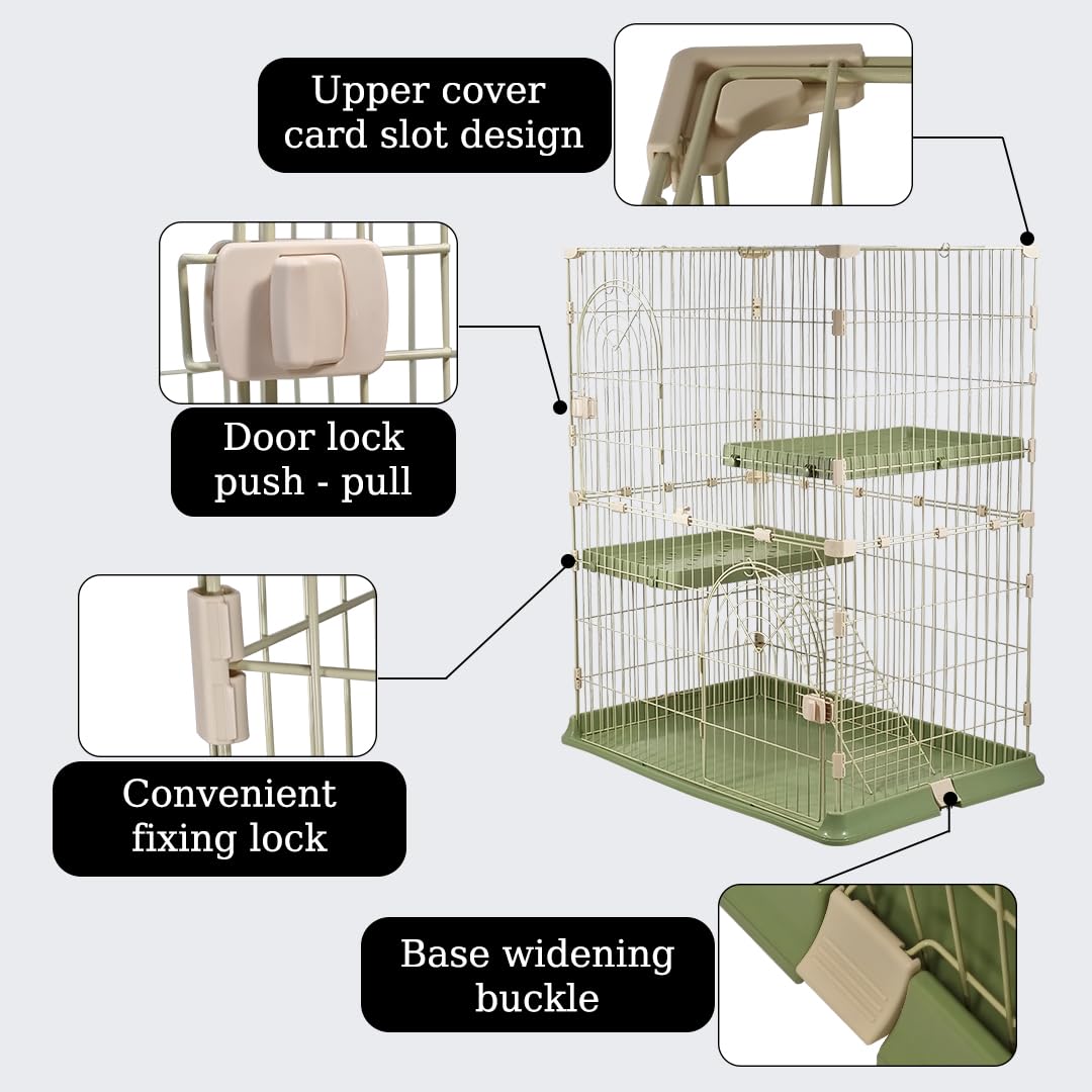 Cat cage with Durable metal wire, Wide plastic perch, Lockable door, and Climbing ladder, double-layer cat cage enclosure for Cats & Kittens, Suitable for indoor/outdoor use 117 cm (Green)