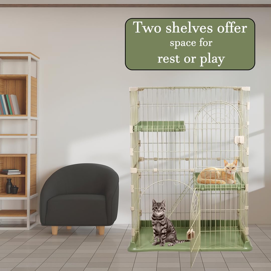 NNC PETS Cat Cage Kennel with 2-lockable Doors - 2-Tiier Metal Wire Pet Cat House Playpen for Indoor Cats - Cozy Hammock, Climbing Ladder, Drawer Tray & Universal Wheels, Easy Assembly (Green, 108 cm)