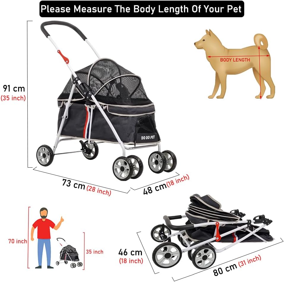 Large Dog Stroller | Pet Stroller for Cats & Dogs with Adjustable Canopy & Spacious Interior | Lightweight & Foldable | | Storage Bag & Wheels | Travel & Outdoor Cat Stroller 91cm (Black)