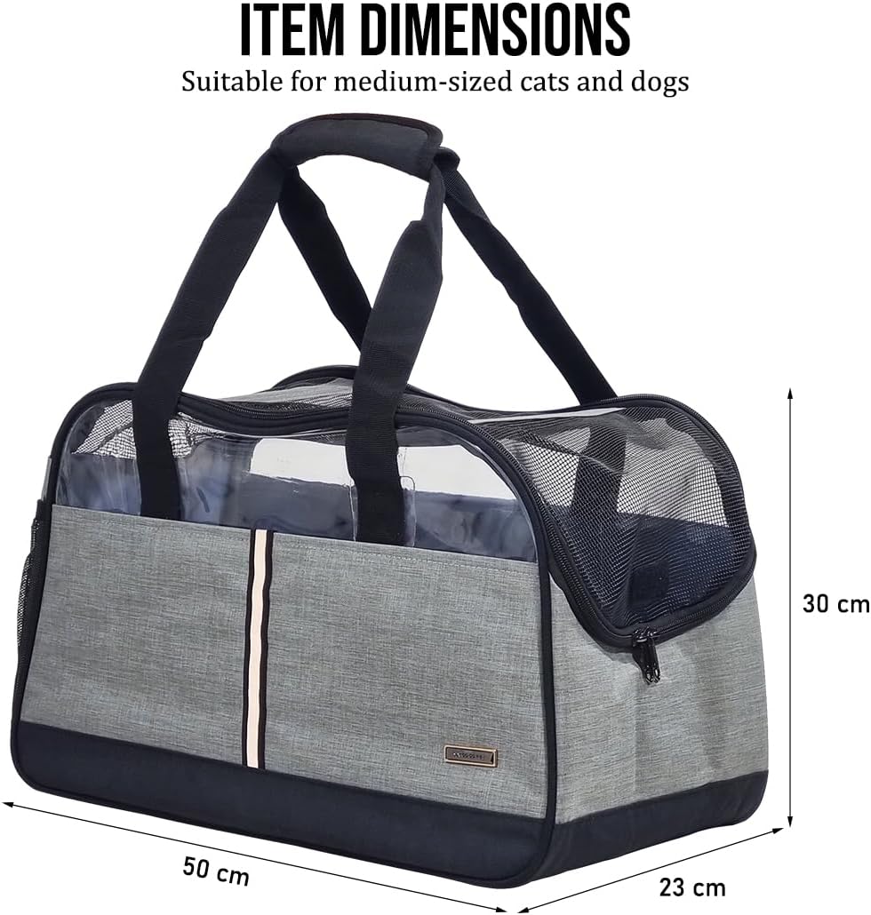 Cat Carrier Bag with Open Top Cover - Pet Travel Carrier with Carry Handle, Adjustable Shoulder Strap, Pockets & Safety Inside Leash - Breathable Mesh - Ideal for Dogs & Cats (Grey, 50cm)