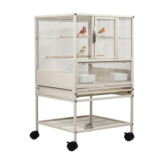 Bird cage for Budgies, Canaries, and Lovebirds, Small bird cage with Transparent design, Feeding cups, Wooden perches, Removable tray, Storage shelf, and Universal wheels, 84 cm (White)