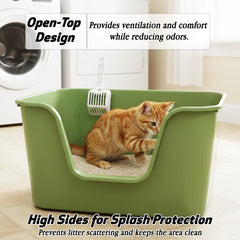Cat litter box with Extra-large design, Deep high walls, Litter scoop and Low entrance, 78 cm Spacious cat toilet with Odor control, Anti-splash, Durable plastic and Non-stick, Easy to clean