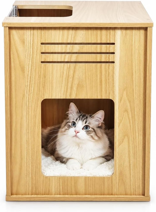 Wooden Cat Tree House with Sisal Scratching Panel, Soft Cushion, Clear Acrylic Door and Ventilation Slots, Indoor Cat Condo, 50 cm, (Beige)