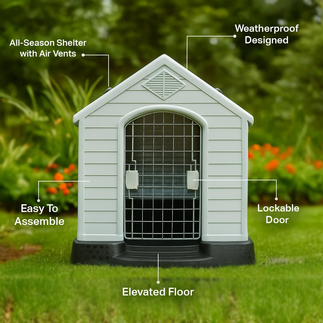 Dog House Outdoor & Indoor Use | Plastic Durable Waterproof & Weatherproof Designed Dog Home | All-Season Shelter with Air Vents, Lockable Door & Elevated Floor, Easy To Assemble (Grey, 70cm)