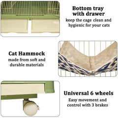 Large cat cage with 3 lockable doors, Hammock, Wide platforms, Climbing ladder, Removable tray, and Universal wheels, Durable metal wire cat cage for indoor & outdoor, Easy assembly 190 cm (Green)