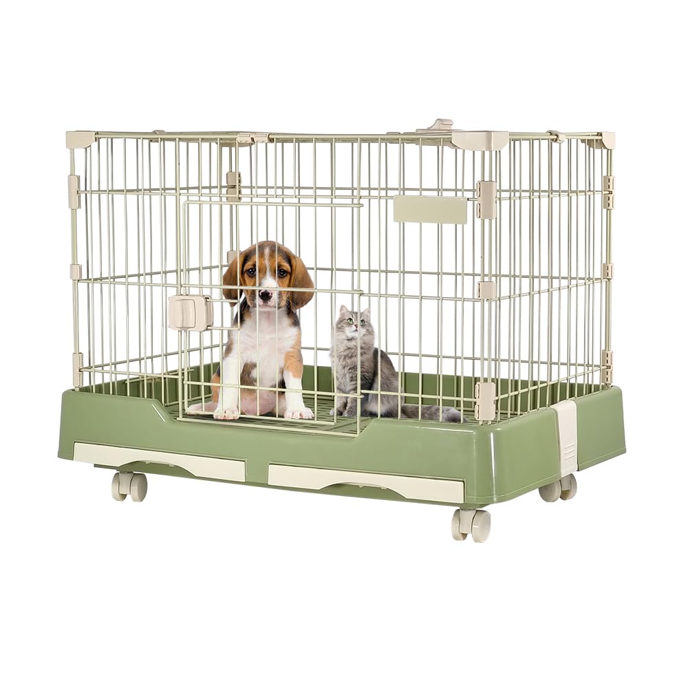 Cat cage playpen for cats & small dogs, Durable meta wire cat cage with Open-top design, Lockable door, Removable tray, and Universal wheels, Ideal for indoor/outdoor, Easy assembly 75 cm (Green)