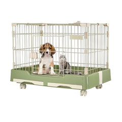Cat cage playpen for cats & small dogs, Durable meta wire cat cage with Open-top design, Lockable door, Removable tray, and Universal wheels, Ideal for indoor/outdoor, Easy assembly 75 cm (Green)