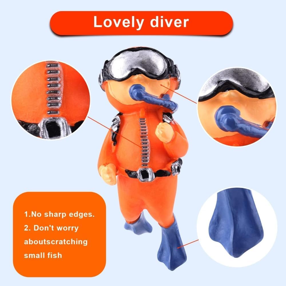 Fish Tank Decorations | 2 Pack Floating Scuba Diver Ornaments with Bubble Balloons | Aquarium Decorations for Freshwater & Saltwater Tanks | Diver Figurines for Fish Tank (Orange, Blue)