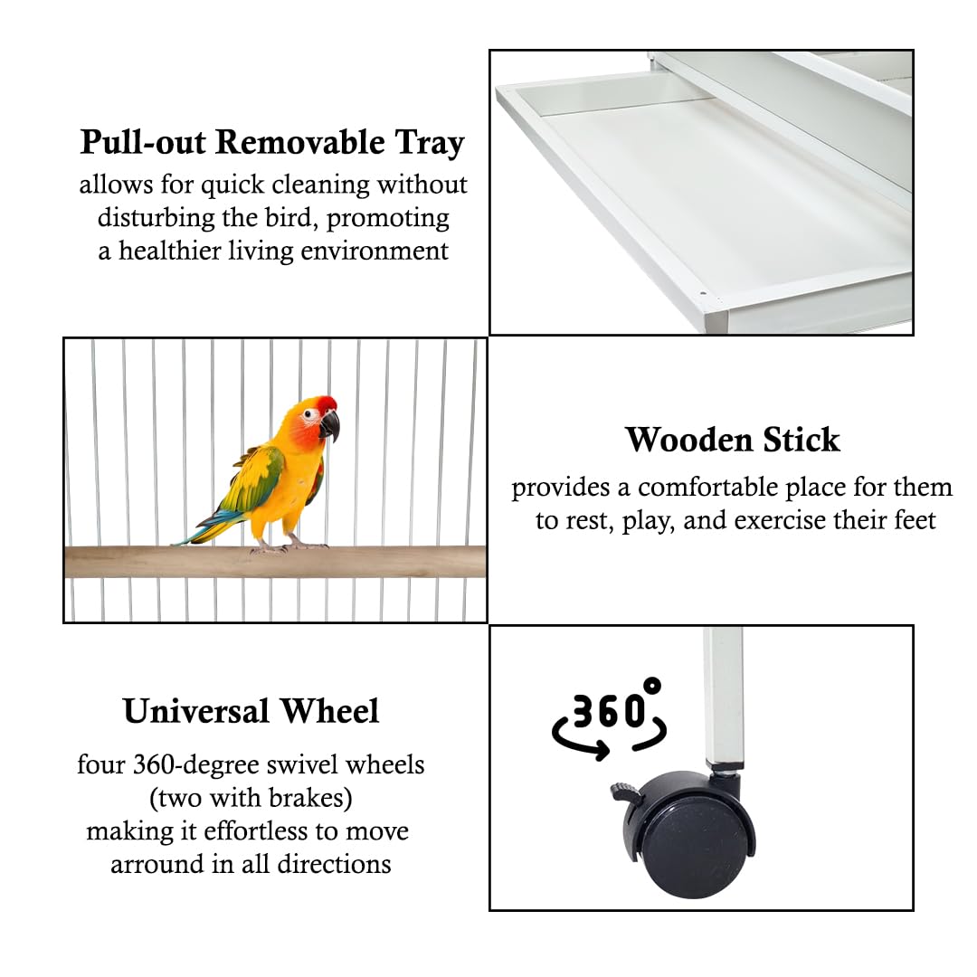 Bird Cage Large with Open-Top Design, Parrots, Parakeet, Macaw | Feeding Bowls & Wooden Perches | Removable Tray & Universal Wheels | Suitable for All Birds