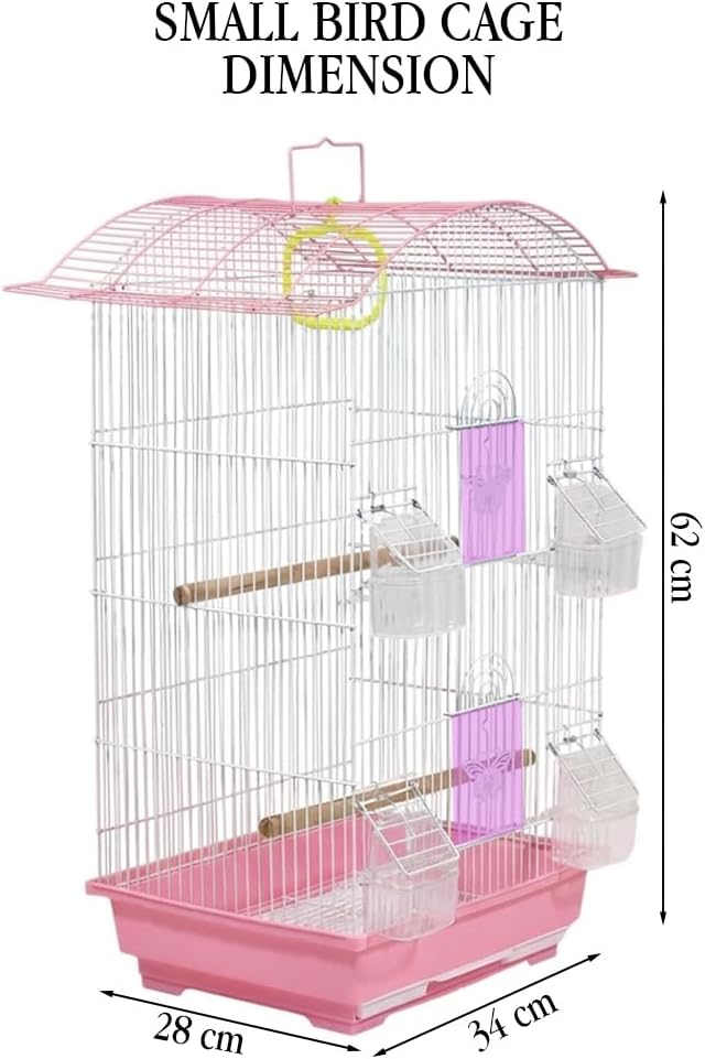 Small Bird Cage with Perches, Feeders and Swing, Ideal for Parakeets, Lovebirds, and Small Parrots, 62 cm Metal Cage with Hanging, Pull-out Tray, Portable, Durable and Top-Roof Design (Pink)