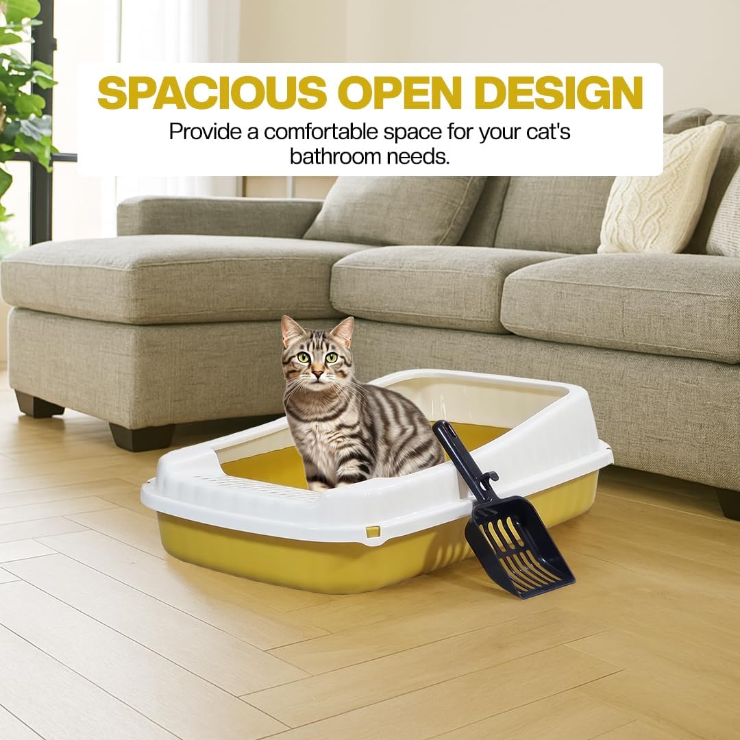 Semi-enclosed Cat litter box for Large-sized cats, Odor control plastic cat toilet with Litter scoop, Grid design, Lightweight, and Raised fence, Detachable for easy cleaning, 59 cm