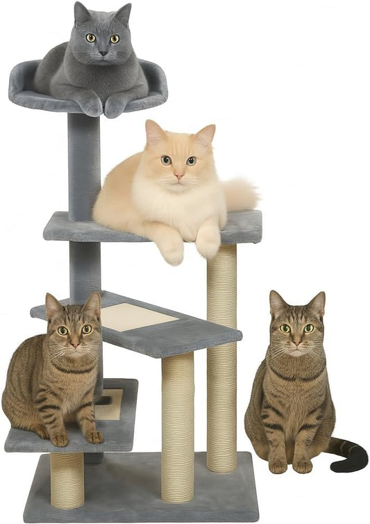 Cat Tree for Large Cats | Cat Tower House with Climbing Ladders | Soft Plush Fabric and Durable Activity Tower with Top Perch | Sisal carpets & Scratching posts, 102 cm (Grey)
