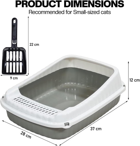Semi-enclosed Cat litter box for Small-sized cats, Odor control plastic kitten toilet with Litter scoop, Grid design, Lightweight, and Raised fence, Detachable for easy cleaning, 37 cm (Grey)