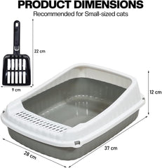 Semi-enclosed Cat litter box for Small-sized cats, Odor control plastic kitten toilet with Litter scoop, Grid design, Lightweight, and Raised fence, Detachable for easy cleaning, 37 cm (Grey)