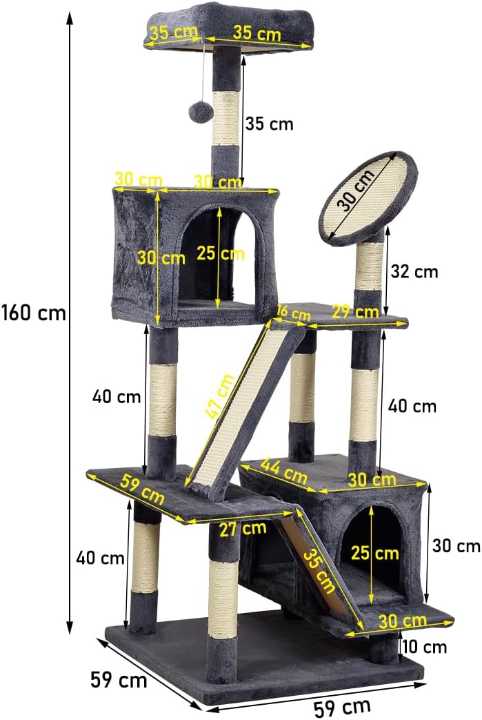 160 cm Cat Tree for Big Cats - Multi-level Indoor Cat Tower with Soft padded Perch, Dangling Ball, Sisal Scratching Board & Comfortable Cat Condo, Easy to Assemble (Grey, Large)
