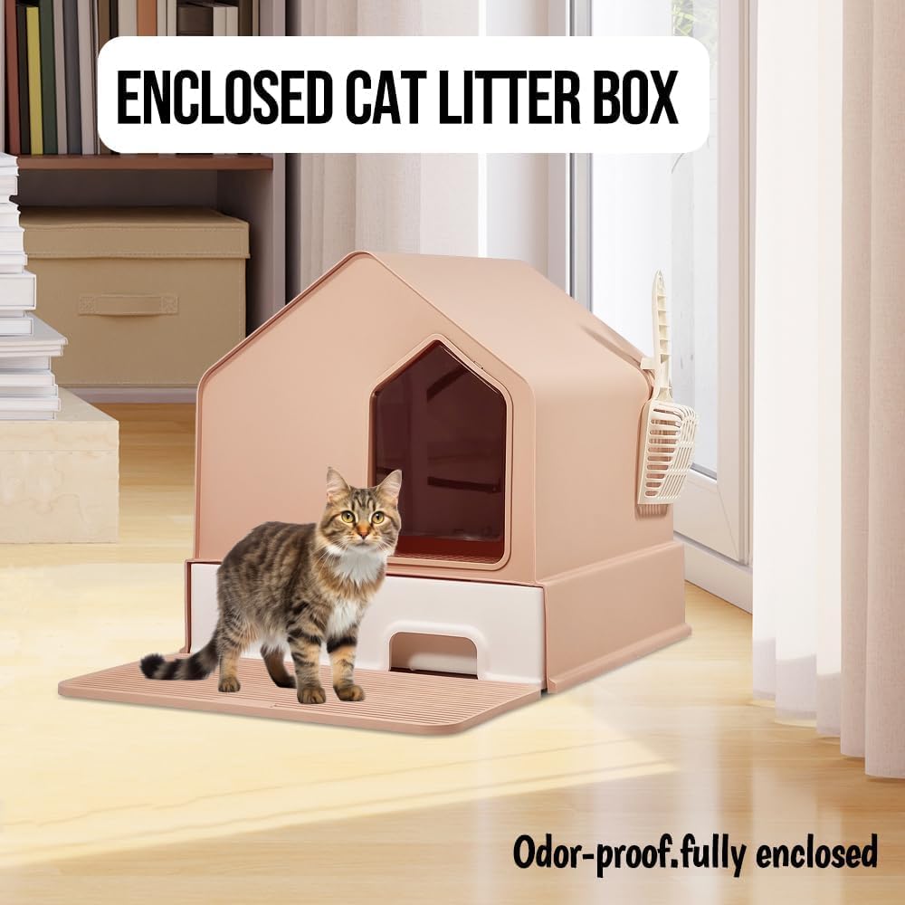 Cat Litter Box with House-Shaped Design - Drawer-Type, Transparent Door, Enclosed Cat Litter Scoop & Cleaning Mat – Splash-Proof & Odor-Control Cat Toilet Box, Easy to Clean