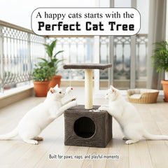 Modern cat tower with Hideaway cave and Hanging ball, Space saving design, Easy to fix and Portable, 59 cm Cat activity tree with Scratching pole, Protect furniture for Indoor cats and kittens