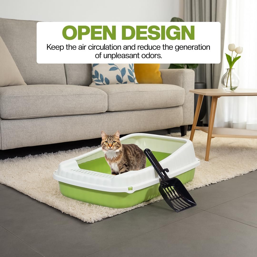 Semi-enclosed Cat litter box for Medium-sized cats, Odor control plastic cat toilet with Litter scoop, Grid design, Lightweight, and Raised fence, Detachable for easy cleaning, 49 cm