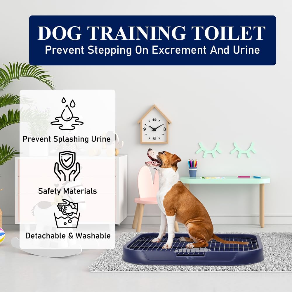 Dog toilet tray with Litter scoop, Carry handle, and Detachable stainless steel grid, Leak-proof pet training tray for small to medium dogs, Dog toilet keeps paws and floor clean 54 cm (Blue)