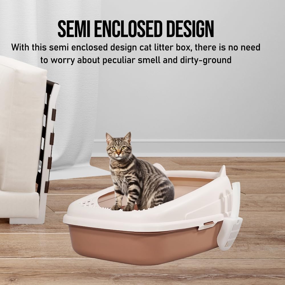 Semi-enclosed cat litter box with Splash-proof design, Sand filter holes, Litter scoop, and Detachable design, Leak-proof & Splash-proof cat toilet for indoor cats, Easy to clean 58 cm