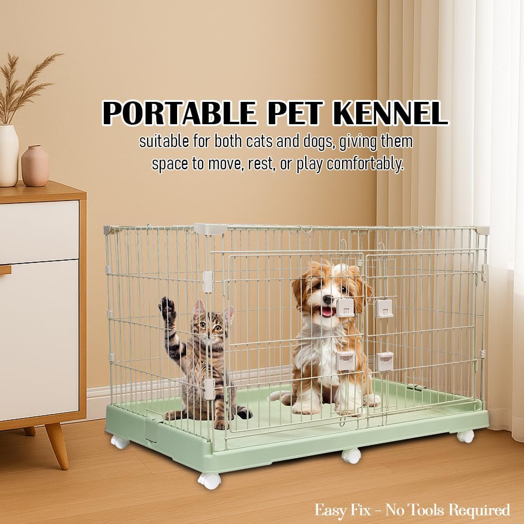 Cat Cage with Universal Wheels, Wide Main Door, Durable and Sturdy Metal Wire, 98 cm Dog Cage with Secure Lock, Easy to Assemble, Indoor-Outdoor Cat Kennel, Ideal for All Size of Pets, Green